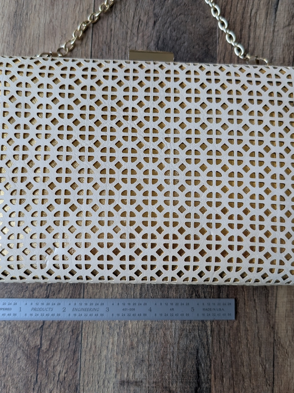 Women’s Ivory and Gold Laser-Cut Chain Clutch with Gold Trim - Picture 2 of 3
